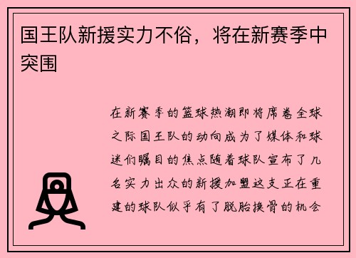 国王队新援实力不俗，将在新赛季中突围